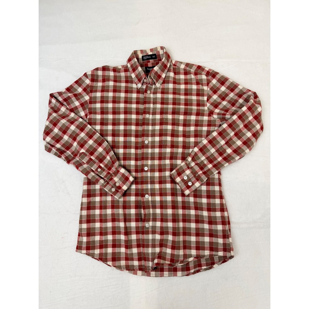 Haggar Mens Small Red Tan Plaid Check Button Down Long Sleeve‎ Cotton Shirt S/C
